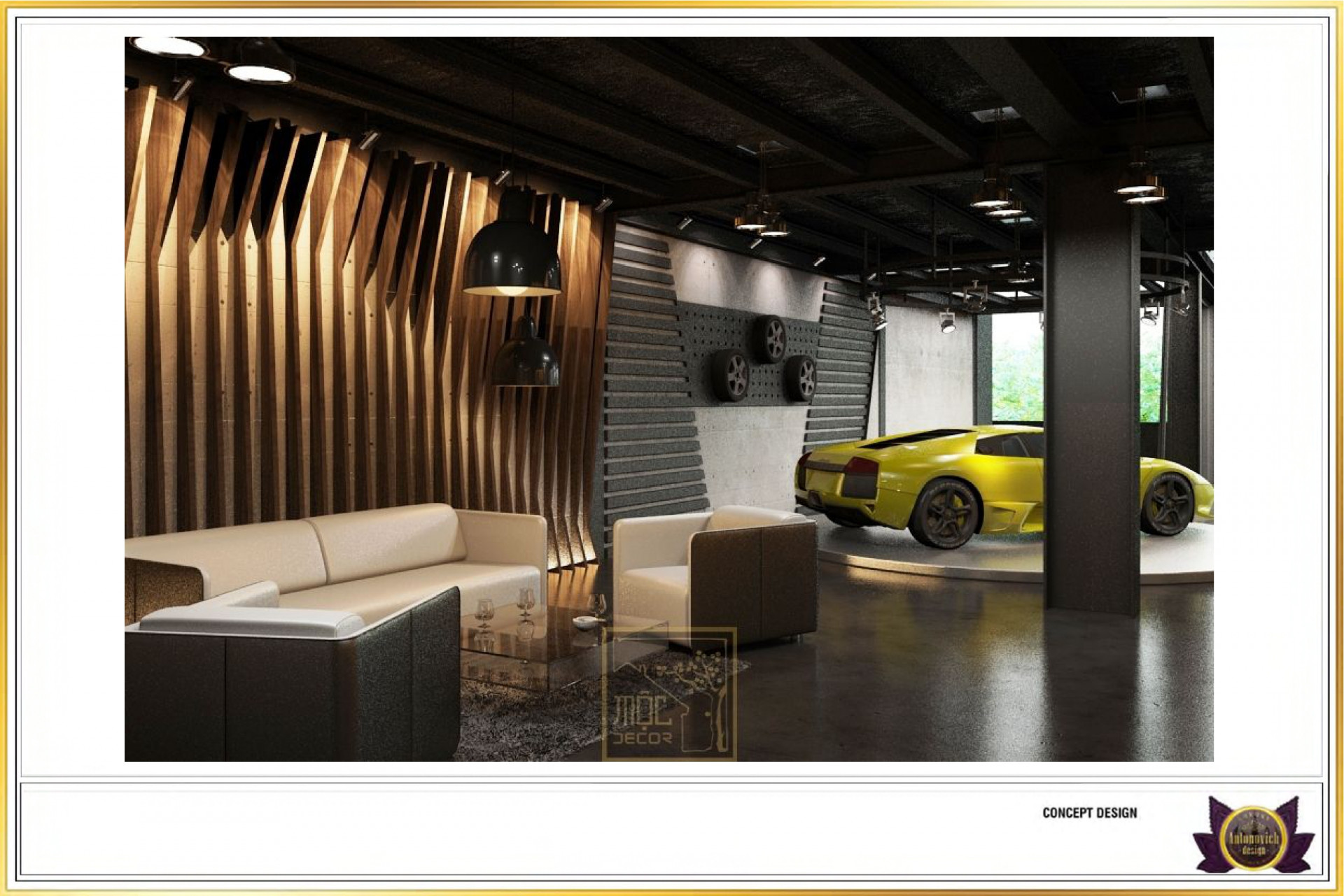 imagine modern interior design for modern car show room , the space is 9.50  meter by 6.50