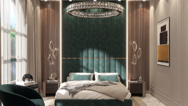 Потрясающий дизайн изумрудной спальни