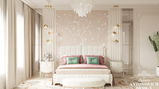 Великолепный женственный дизайн интерьера спальни