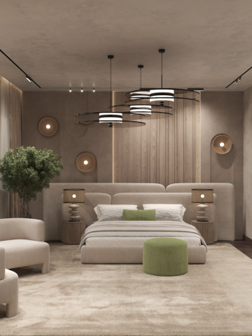 Diseño de interiores de dormitorios marrones con toques verdes
