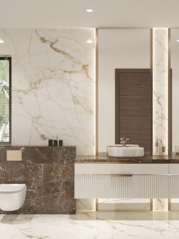 Дизайн интерьера роскошной ванной комнаты с доминирующей мраморной отделкой