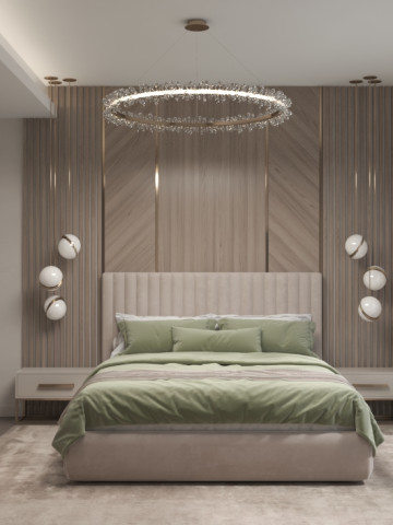 Тема дизайна интерьера спальни в коричневых и зеленых тонах