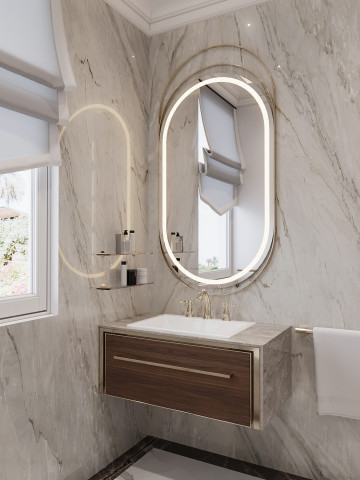 Деревянная корпусная мебель в роскошном дизайне интерьера ванной комнаты
